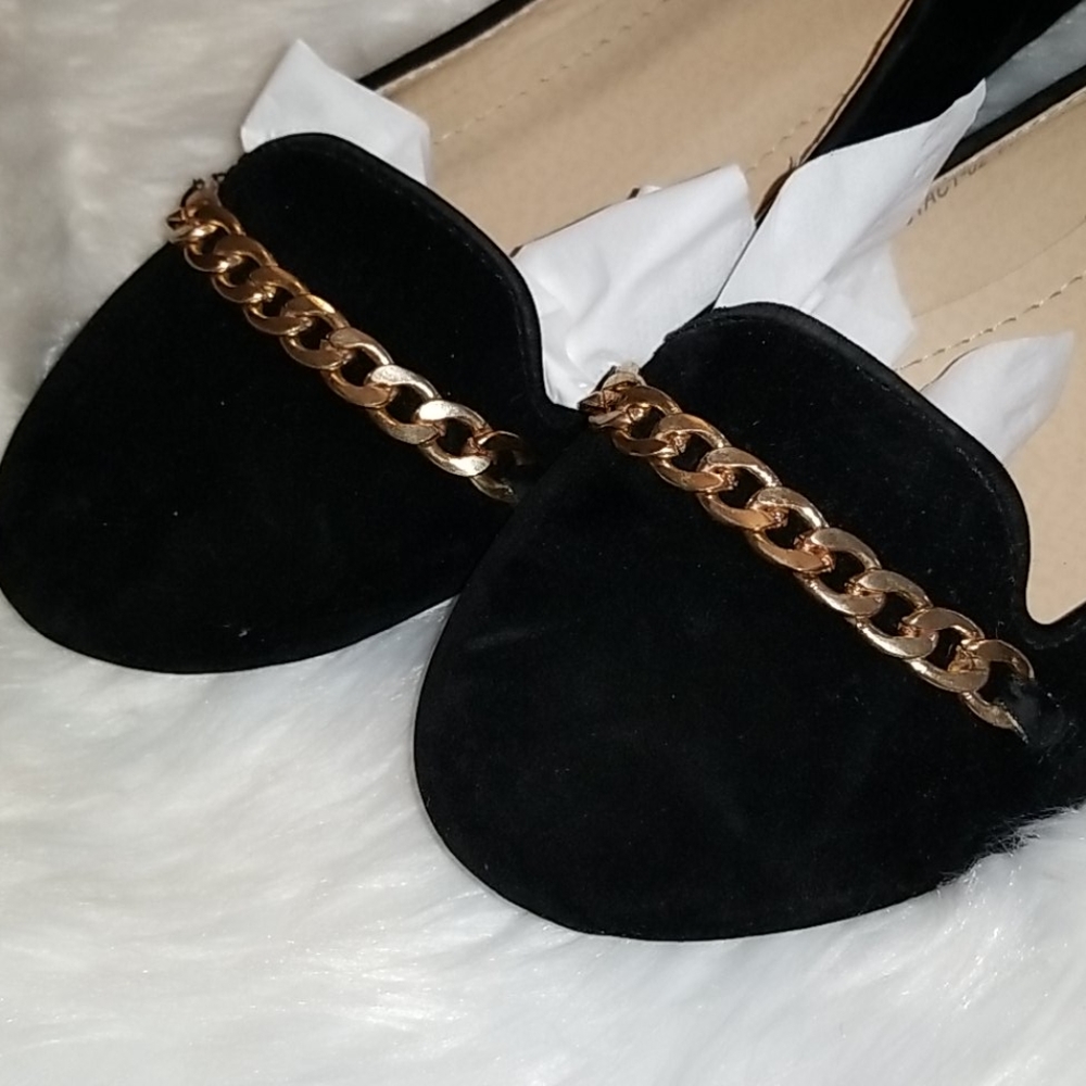 👣REFRESH❤️ Stacy-02 Black Faux Suede Chain Detail🧡❤️